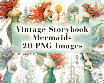 Vintage Mermaid Clipart - 20 Magical Enchanting Mermaid Illustrations, Ocean PNG, Fairytale Mermaids, Instant Download, Commercial Use