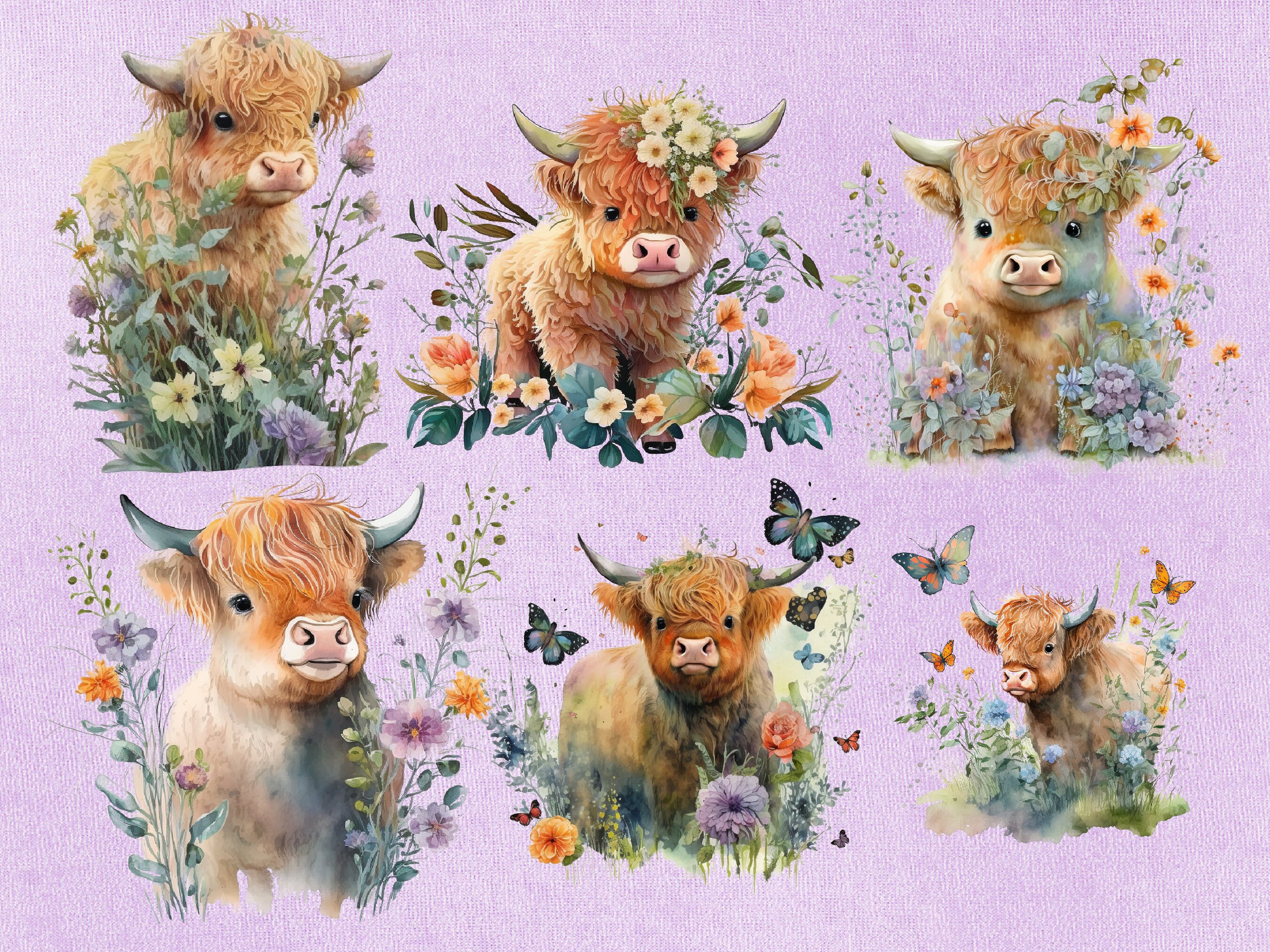 Cute Baby Highland Cow Clip Art Bundle Png, Watercolor Clipart ...