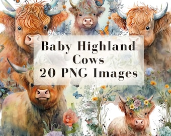 Cute Baby Highland cow clip art bundle png, watercolor clipart, highland cow baby, baby shower decor, baby animals, clip art bundle quality