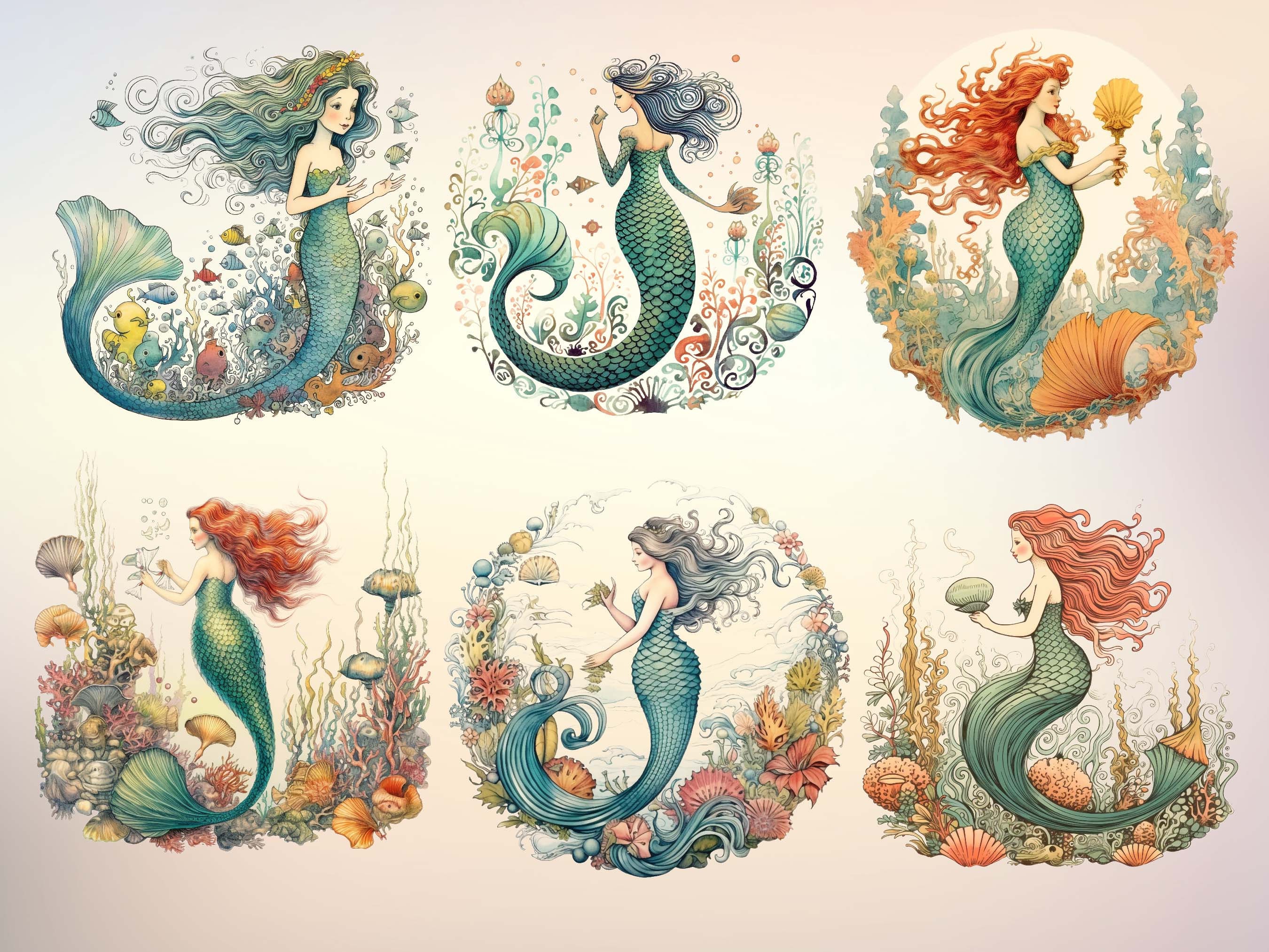 Vintage Mermaid Clipart 20 Magical Enchanting Mermaid Illustrations