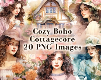 Cozy Boho Cottagecore Victorian Watercolor Clipart - 20 PNG Graphics, Vintage Floral Lady PNG, Pastel Boho, Vintage Flowers, Commercial Use