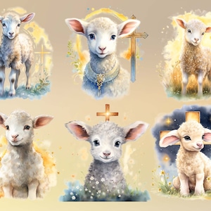 May include: Six watercolor paintings of lambs with crosses. Each lamb is white with a soft, fluffy coat. The crosses are wooden and have a rustic look. The backgrounds are soft and dreamy, with watercolor washes of color.