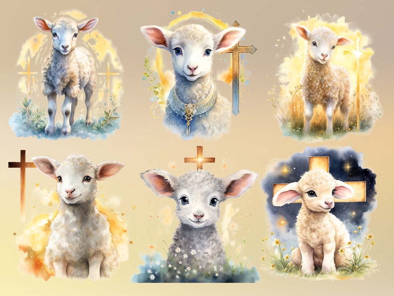 May include: Six watercolor paintings of lambs with crosses. Each lamb is white with a soft, fluffy coat. The crosses are wooden and have a rustic look. The backgrounds are soft and dreamy, with watercolor washes of color.