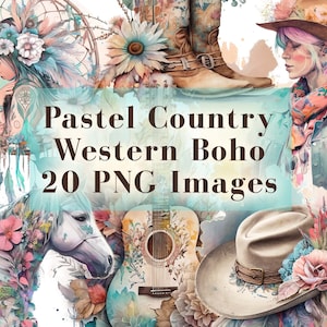 Pacote de clipart country western boho em aquarela pastel - 20 gráficos PNG, clipart de cowgirl boho, western PNG, cowboy PNG, uso comercial