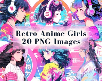 Paquete de imágenes prediseñadas de chicas de anime retro: 20 PNG de calidad prémium, gráficos de camisetas de tendencia, ropa de calle de anime, diseños de sublimación, uso comercial