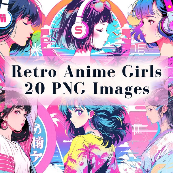 Retro Anime Girls Clipart Bundle - 20 Premium Quality PNG, Trending T-Shirt Graphics, Anime Streetwear, Sublimation Designs, Commercial Use