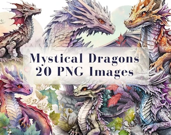 Mystical Dragons Watercolor Clipart Bundle - 20 Magical Fairytale Illustrations, Storybook,PNG,Instant Digital Download,Commercial Use