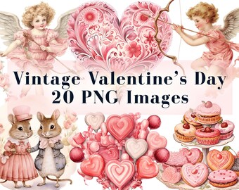 May include: A collection of 20 vintage Valentine's Day images featuring pink and white hearts, cherubs, mice, and sweets. The images are perfect for crafting, scrapbooking, and digital design.