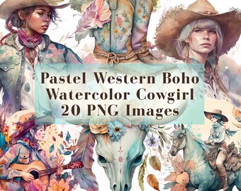 Watercolor Cowgirl Pastel Country Western Boho Clip Art Bundle - 20 PNG Graphics, Bohemian Cowgirl Clipart, Horse Riding PNG, Commercial Use