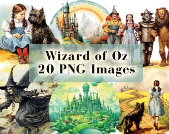 Wizard of Oz PNG Clipart Bundle, 20 Graphics, Watercolor Dorothy Wicked Witch Lion Tin Man Ruby Slipper Vintage Illustration, Commercial Use