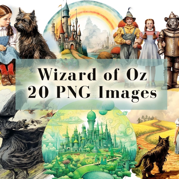 Wizard of Oz PNG Clipart Bundle, 20 Graphics, Watercolor Dorothy Wicked Witch Lion Tin Man Ruby Slipper Vintage Illustration, Commercial Use
