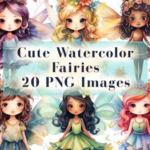 Könnte beinhalten: Ein Set mit 20 digitalen Bildern von niedlichen Aquarellfeen mit Flügeln und Blumen. Die Feen haben verschiedene Haarfarben und -stile und tragen bunte Kleider.