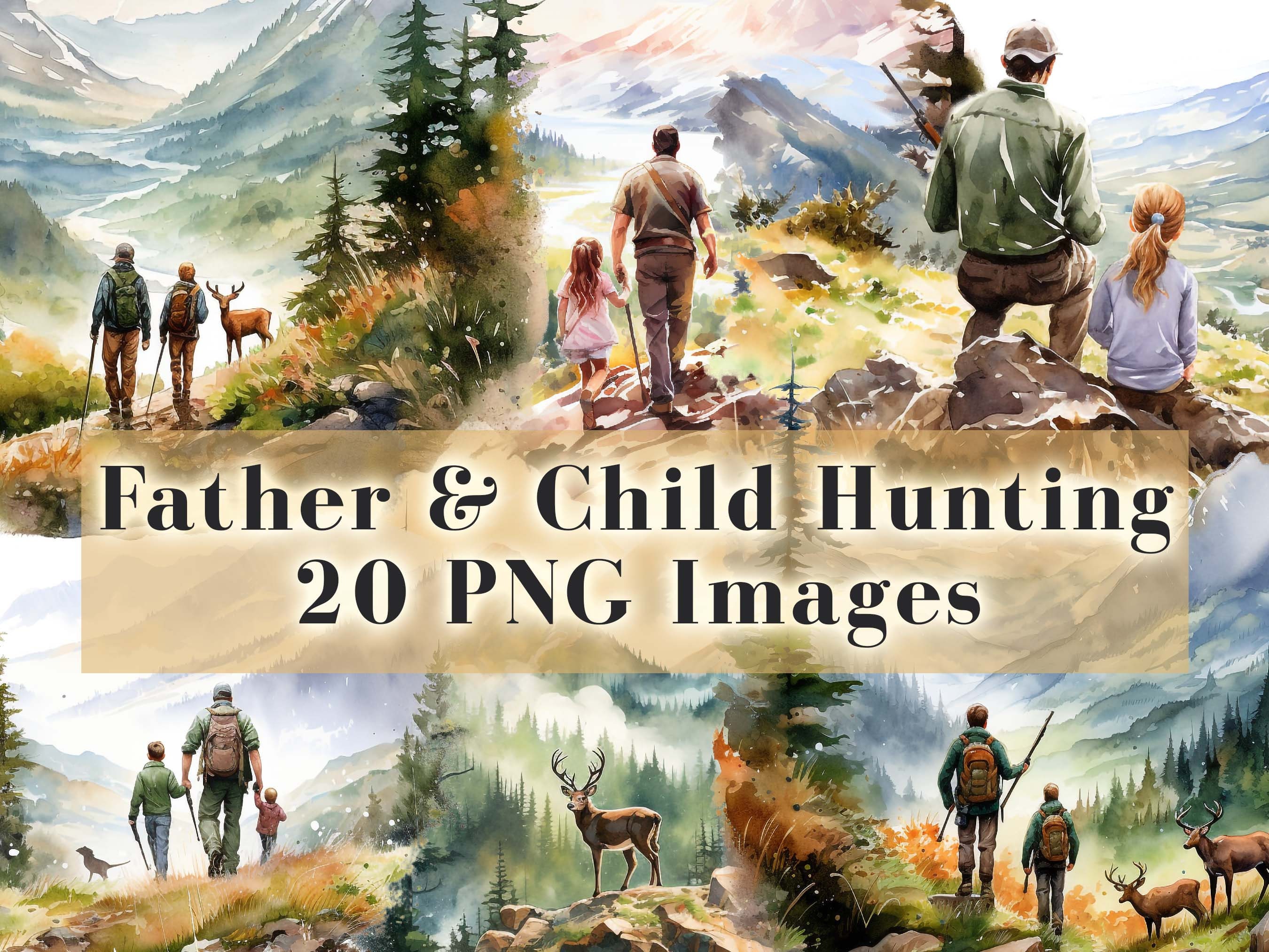 Watercolor Hunting Fishing Clipart Mega Bundle 100 PNG Graphics
