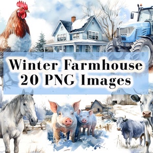 May include: A watercolor illustration of a winter farmhouse scene with a rooster, horse, pigs, cows, and a blue tractor. The farmhouse is white with blue trim and has snow on the roof. The scene is set in a snowy field with trees in the background. Winter Farmhouse 20 PNG Images.
