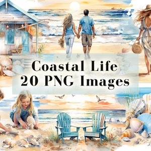 Bundle de cliparts PNG vie côtière, 20 vacances à la plage aquarelle PNG, clipart maison de plage enchanteur, coucher de soleil sur l'océan, Couples sur la plage Clip Art