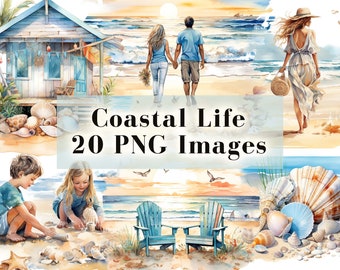 Coastal Life PNG Clipart Bundle, 20 Watercolor Beach Vacation PNG, Enchanting Beach House Clipart, Ocean Sunset, Couples on Beach Clip Art