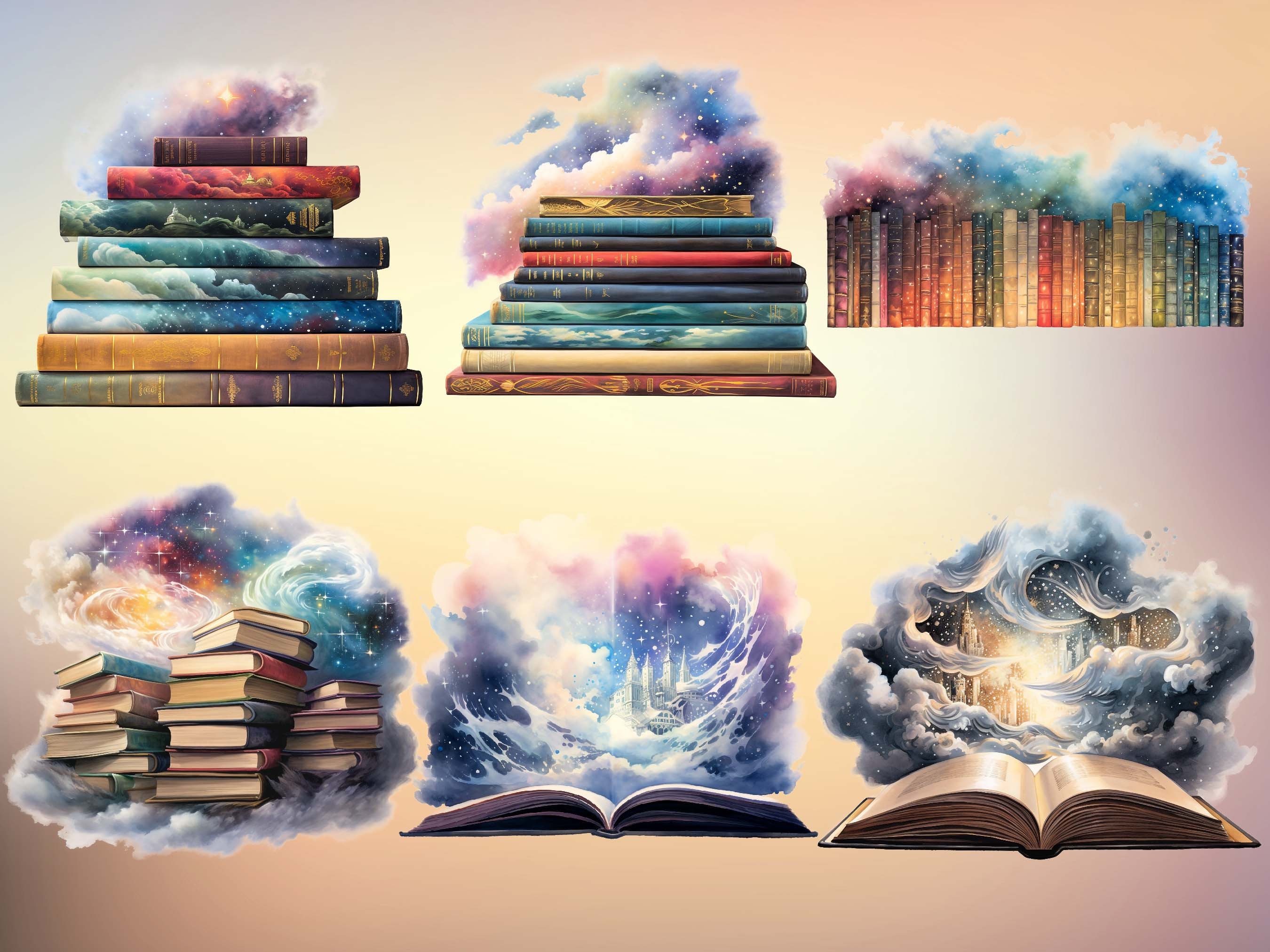 Dreamy Fantasy Books Watercolor Clipart Bundle 20 PNG Magic Open Books ...