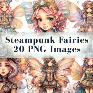 Steampunk Fairies Clipart Bundle, 20 PNG Junk Journal Graphics, Watercolor Steampunk Style, Fantasy Images, Instant Download, Commercial Use