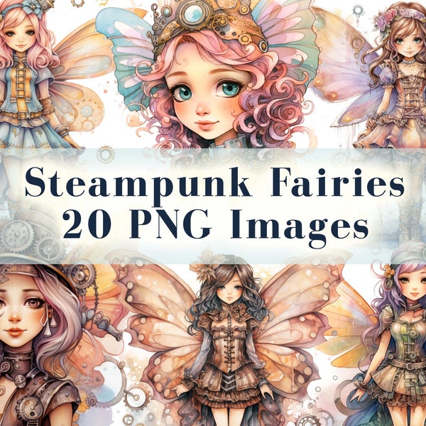 Steampunk Fairies Clipart Bundle, 20 PNG Junk Journal Graphics, Watercolor Steampunk Style, Fantasy Images, Instant Download, Commercial Use