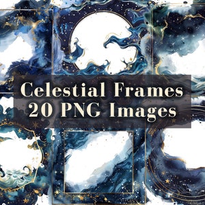 Aquarel hemelse gouden frame clipart bundel 20 png, metalen ster frame, transparante afbeelding rand clipart, donkere aquarel png-illustraties