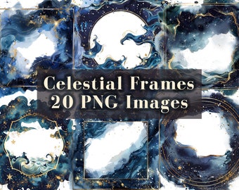 Watercolor Celestial Gold Frame Clipart Bundle 20 PNG, Metallic Star Frame, Transparent Image Border Clipart, Dark Watercolor PNG Clip Art