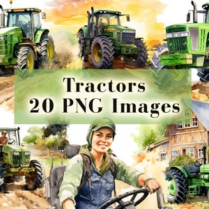 Ensemble PNG de cliparts tracteur | 20 graphismes verts de tracteur de ferme pour anniversaire de garçon, décoration de fête, sublimation, autocollants, travaux manuels, produits à imprimer