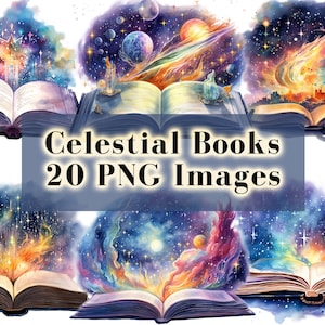 Celestial Fantasy boeken aquarel clipart bundel-20 png magische open boeken, sprookjesboeken lezen PN, instant download, commercieel gebruik