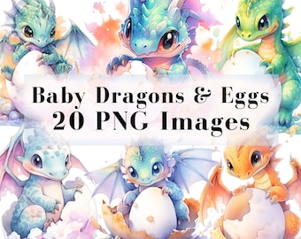 Baby Dragon Egg PNG Clipart Bundle, 20 Dragon PNG Graphics, Dragon Clip Art, Watercolor Dragon Clipart, Kawaii Dragon Fantasy Clipart