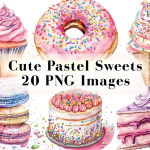 Watercolor Cute Sweets Clipart 20 PNG, Chocolate Cookies, Sweet Macarons, Treats Candy and Glazed Donuts PNG Instant Download Commercial Use