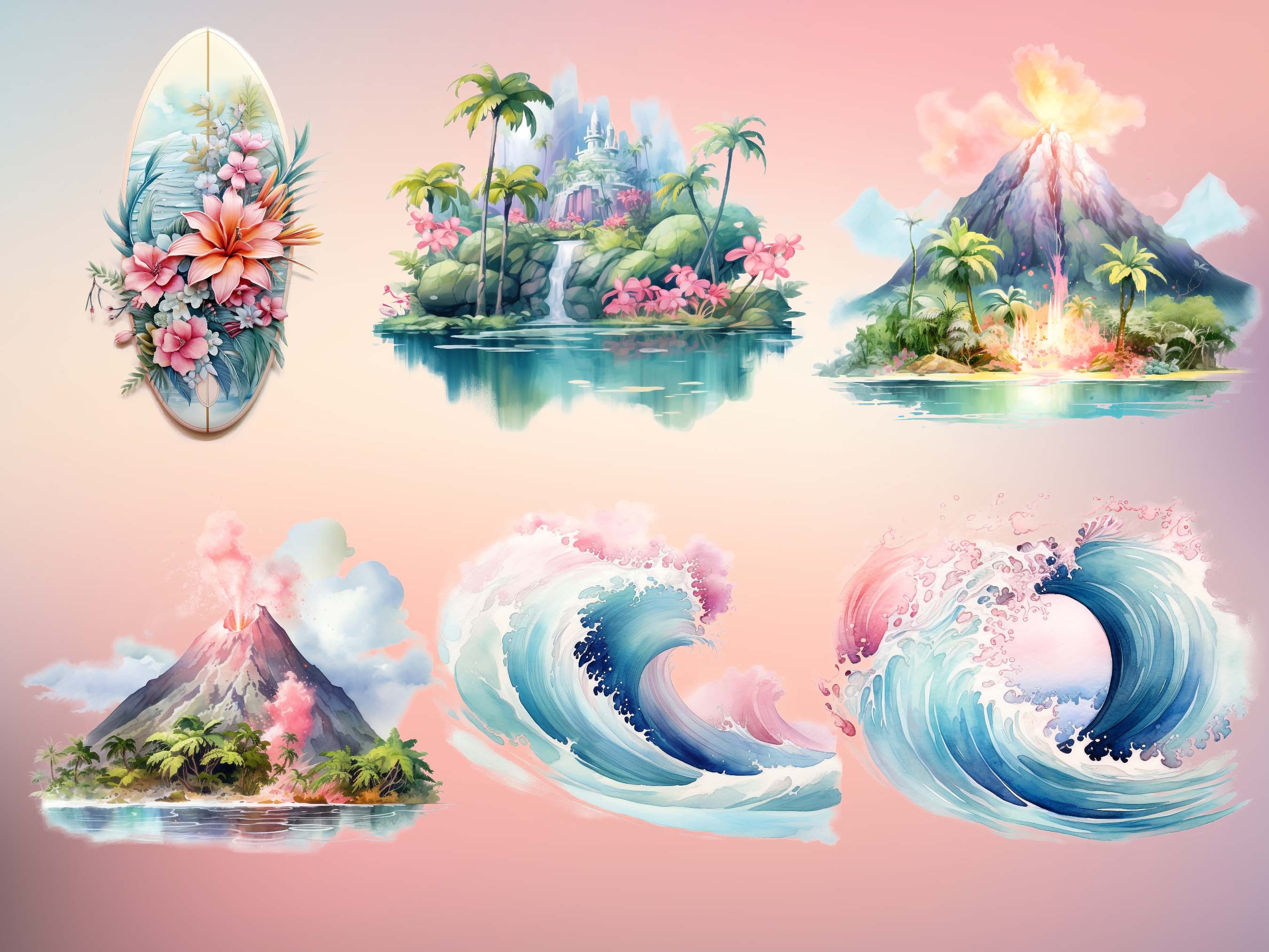 Watercolor Pastel Hawaii Clipart Bundle 20 PNG Graphics Watercolor ...