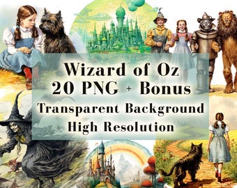 Wizard of Oz PNG Clipart Bundle | 20 Vintage Fairytale Characters for Sublimation, T Shirt Design, Stickers, Party Decor, DIY Crafts + BONUS