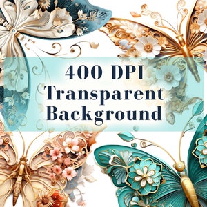 May include: Four intricate paper butterflies with floral designs in shades of gold, teal, and white against a transparent background. 400 DPI.