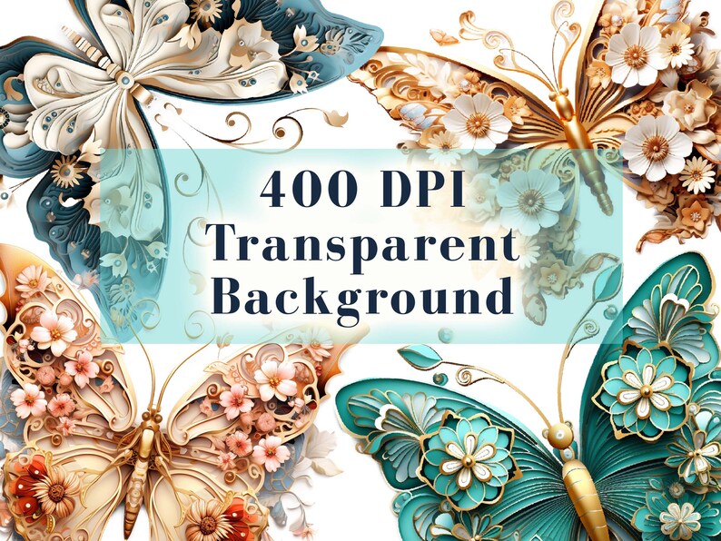 May include: Four intricate paper butterflies with floral designs in shades of gold, teal, and white against a transparent background. 400 DPI.