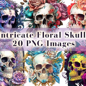 Komplizierte Blumenschädel PNG Bündel, Schädel mit Rosen Sublimationsdesign, trendiger Schädel PNG, Tag der Toten, Schädelillustration, Halloween