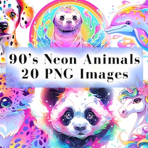90er Jahre Neon Tier Clipart Bundle PNG | Retro Steamwave Tier Grafiken für Sublimation, Aufkleber, T-Shirts, Digital Scrapbooking Art