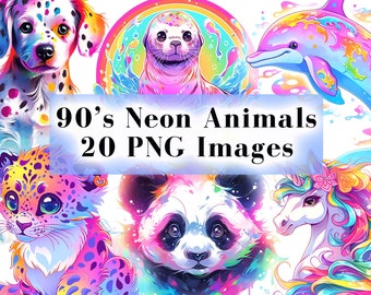 90's Neon Animals Clipart Bundle - 20 PNG Graphics, Neon Dolphin, Panda, Unicorn PNG, Vintage Neon Clip Art, Sublimation PNG, Neon Clipart