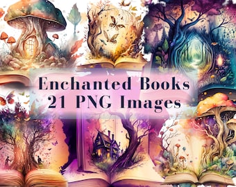 Puede incluir: Una colección de 21 imágenes digitales con ilustraciones de acuarela de libros abiertos con escenas fantásticas en su interior. Las escenas incluyen una casa de setas, un bosque, una casa encantada y un árbol con hojas brillantes. El texto "Enchanted Books 21 PNG Images" se muestra en el centro de la imagen.