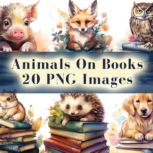 Animals On Books Clipart Bundle, 20 PNG Fairytale Book Clip Art, Reading, Commercial Use, Digital Download, Watercolor Clipart, Card Making