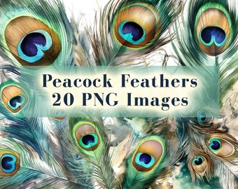 Watercolor Peacock Feather Clipart Bundle, 20 Peacock PNG, Boho Feather Art, Colorful Feathers, Sublimation Design, Digital Download