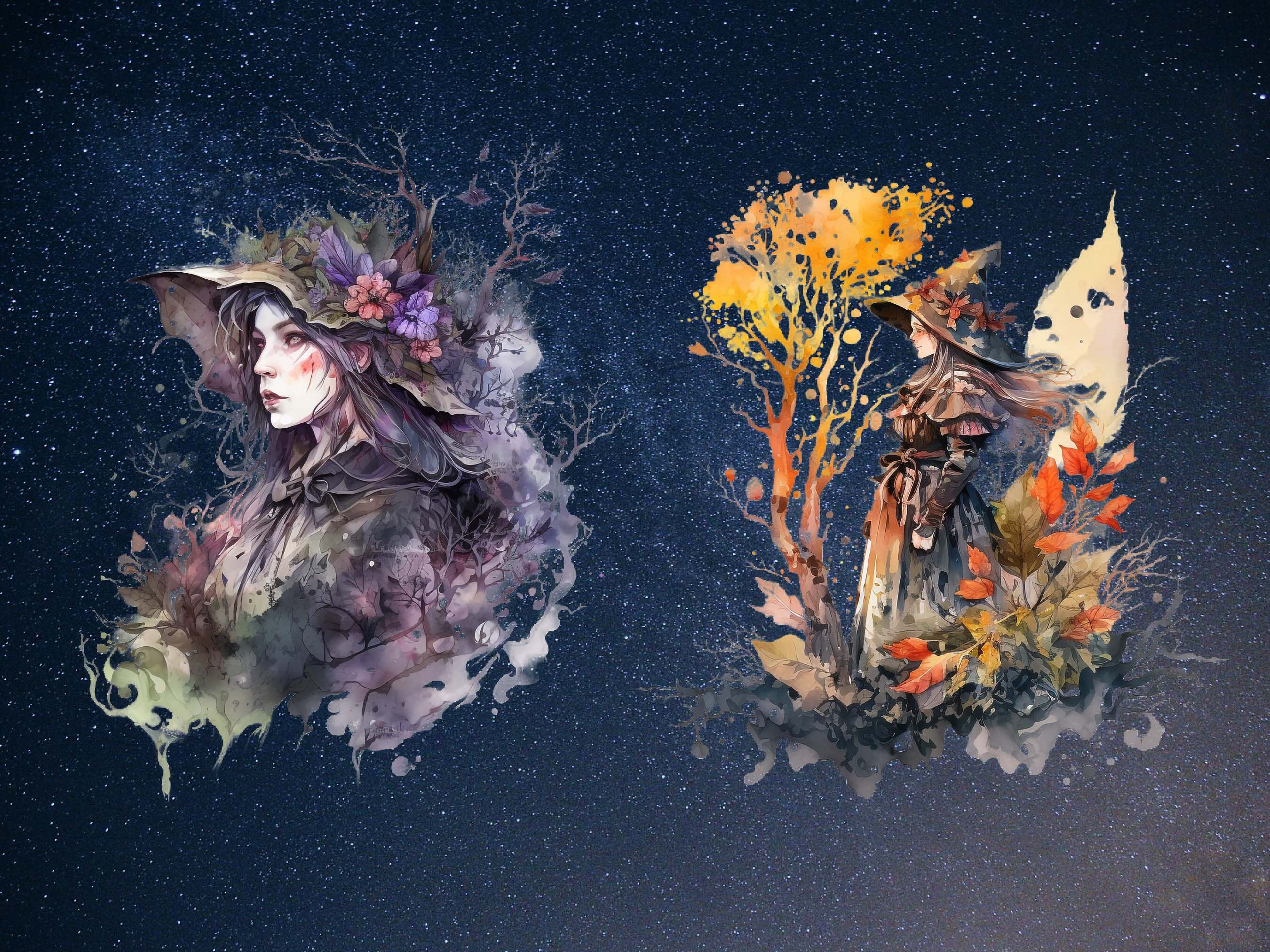 Watercolor Witch Clipart Bundle, 20 Fantasy PNG Witchcraft Clip Art ...