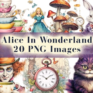 Pacchetto di clipart PNG di Alice nel Paese delle Meraviglie, 20 grafiche, illustrazione vintage di Alice nel Paese delle Meraviglie con Cappellaio Matto e Coniglio Bianco, uso commerciale