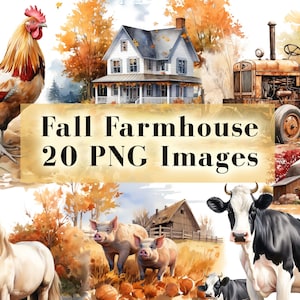 May include: A collection of 20 watercolor-style PNG images featuring fall farmhouse themes. The images include a rooster, a farmhouse, a tractor, a cow, a horse, pigs, pumpkins, and a barn.