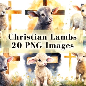 May include: A set of 20 digital images featuring watercolor illustrations of lambs standing in front of crosses. The images are perfect for religious or Christian themed projects.