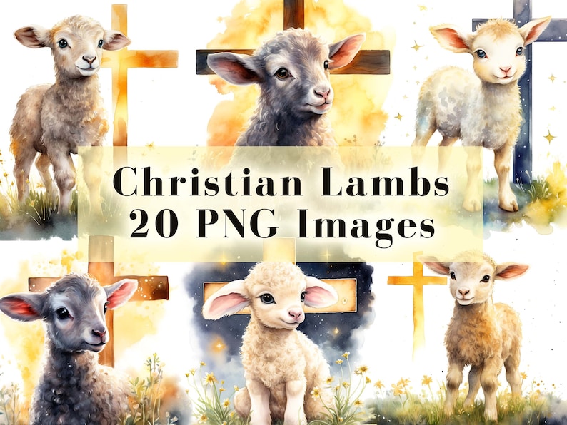 May include: A set of 20 digital images featuring watercolor illustrations of lambs standing in front of crosses. The images are perfect for religious or Christian themed projects.