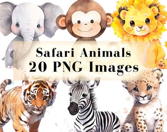 Adorable Safari Baby Animals Clipart - 20 PNG Watercolor Jungle Animals for Kids Decor & Baby Shower Invitations, Lion tiger monkey giraffe