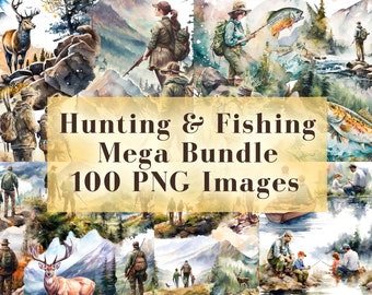 Watercolor Hunting Fishing Clipart Mega Bundle - 100 PNG Graphics, Fathers Day Hunting PNG Clipart Bundle, Deer Hunt PNG People Clip Art