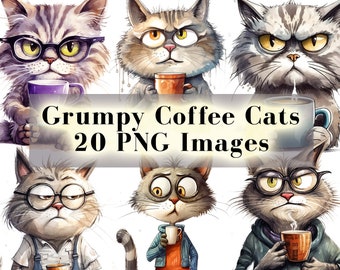 Grumpy Coffee Cat Clipart, 20 High Quality Transparent PNGs, Cat Lover Clip Art, Funny Cat PNG, Morning Mood Pets, Funny Cats Art Printables