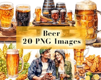 Beer Clipart Bundle, 20 Beer Clip Art PNG, Watercolor Brewery, Home Brew Graphics, Bar Drinking PNG, Scrapbook, Label Making, Commercial Use