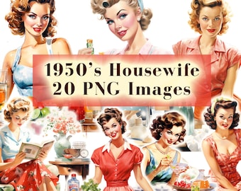 1950s Vintage Housewife PNG Clipart, 20 Retro Housewives, Pin Up Girls Clip Art, 50s Png,Polka Dot Mid Century 1950s Theme Instant Download