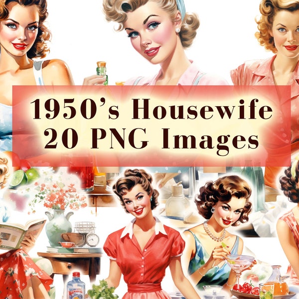 1950s Vintage Housewife PNG Clipart, 20 Retro Housewives, Pin Up Girls Clip Art, 50s Png,Polka Dot Mid Century 1950s Theme Instant Download